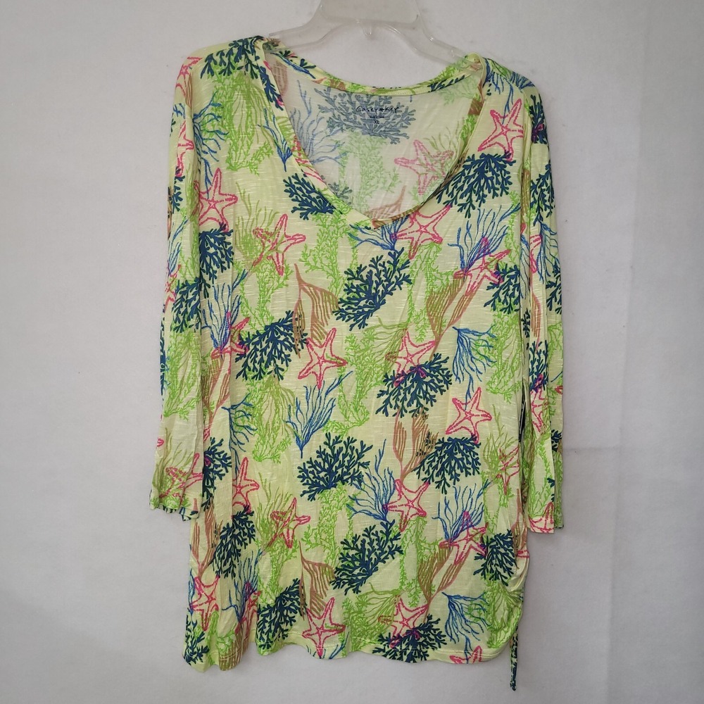 Casey Key Tunic Top Womens XL Yellow Coastal Starfish Coral 3/4 Sleeve New